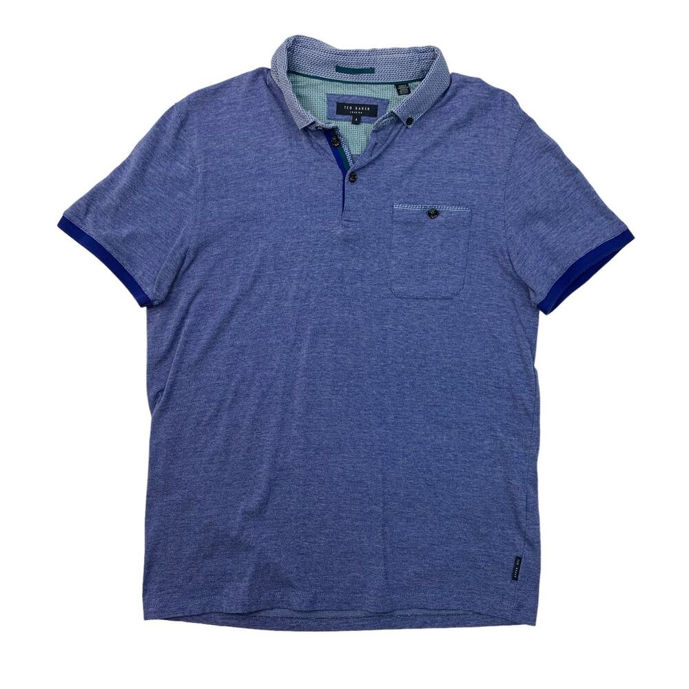 Ted Baker Polo Shirt Mens 4 (US M) SLIM Ocean Heather Cotton Chest Pocket Golf